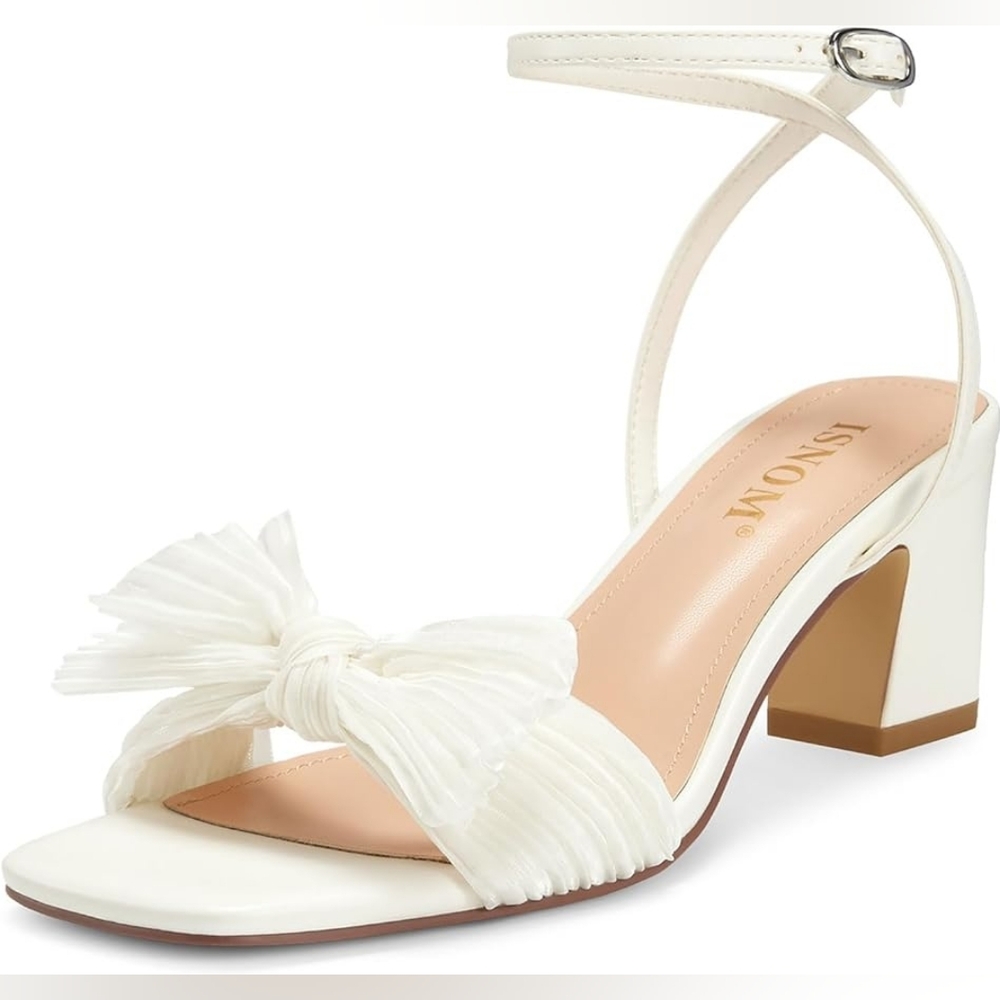 White Bow Knot Chunky Block Heeled Ankle Sandals, Open Toe, 10 - Picture 1 of 16